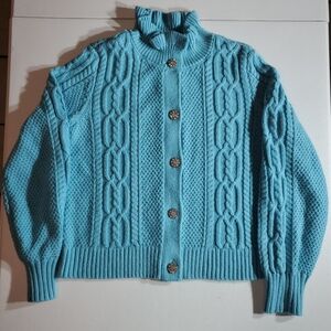 Talbots Med Aqua Blue Cable Knit Button Up Cardigan